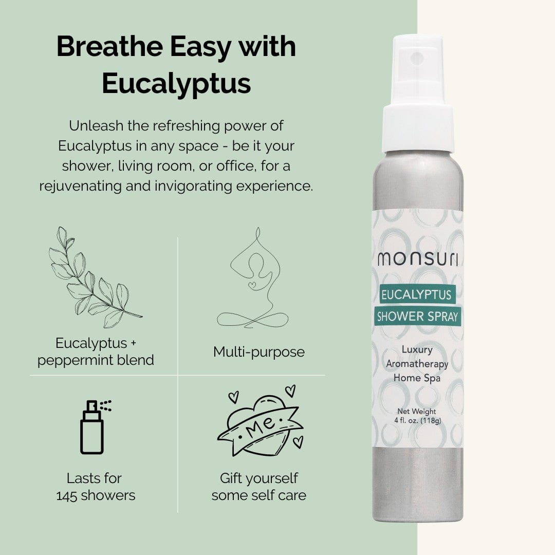 Monsuri Eucalyptus Shower Spray Aromatherapy Mist: Steam Shower Eucalyptus Oil Spray for A Relaxing at Home Spa Day Experience. Ideal Self Care Gifts