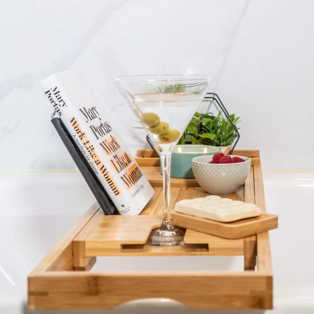 Engraved Bamboo Bath Caddy with Wine Glass Holder